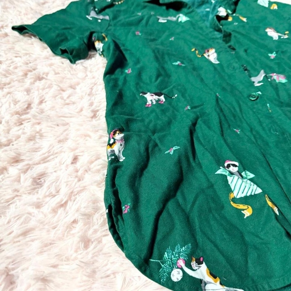 Holiday Christmas Cat Lady Cartoon Silly Festive Kidcore Button Down Womens XS - Picture 3 of 6